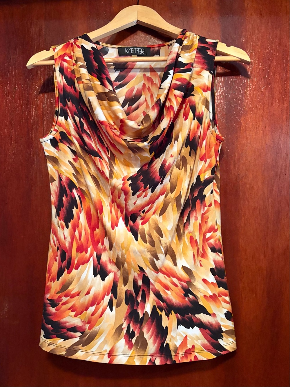Kasper Multicolor Cowl Neck Sleeveless Top in Red, Orange, Gold, Black, Cream